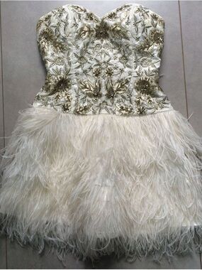 Jovani Ivory and Gold Embellished Ostrich Feather Cocktail Dress